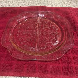Vintage Depression Glass Pink Clear Square Divided Serving Plate Dish Relish and