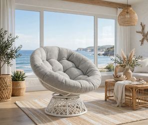 Swivel Papasan Chair — White Frame, Plush Silver Grey Cushion (Brand New)