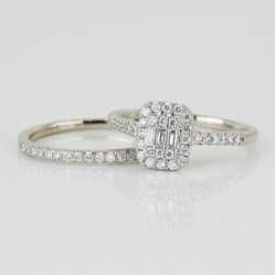 14k White Gold Baguette + Round- Cut Diamonds 2 Pc. Wedding Ring Set 