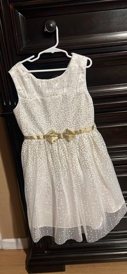 Girls White Sparkle Dress with Gold Bow