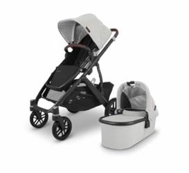 UPPAbaby Vista V2 Stroller / Convertible Single-To-Double System / Bassinet, Toddler Seat, Anthony (White+Grey Chenille/Carbon Frame/Chestnut Leather)