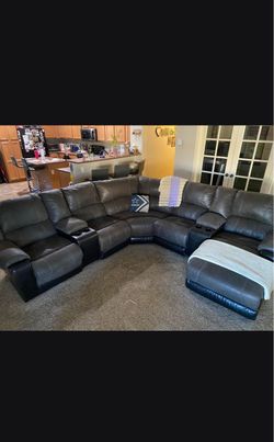 Large Gray Leather Reclining Sectional Sofa