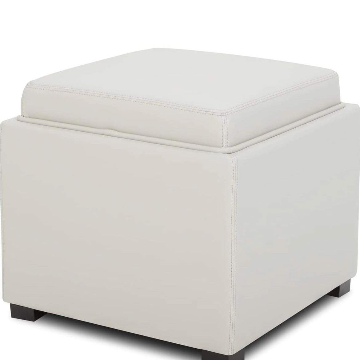 Storage Ottoman Cube with Tray,Footrest Stool Seat Serve as Side Table, PU Leather in Light Gray