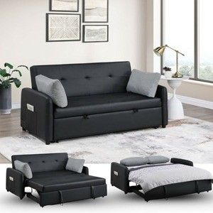 Black PU Leather Convertible Sleeper Sofa