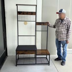 New In Box 40x16x71Inch Tall Metal And Wood Garment Stand Coat Clothes Shoe Rack Hanger With Shelf Organizer Rustic Brown 