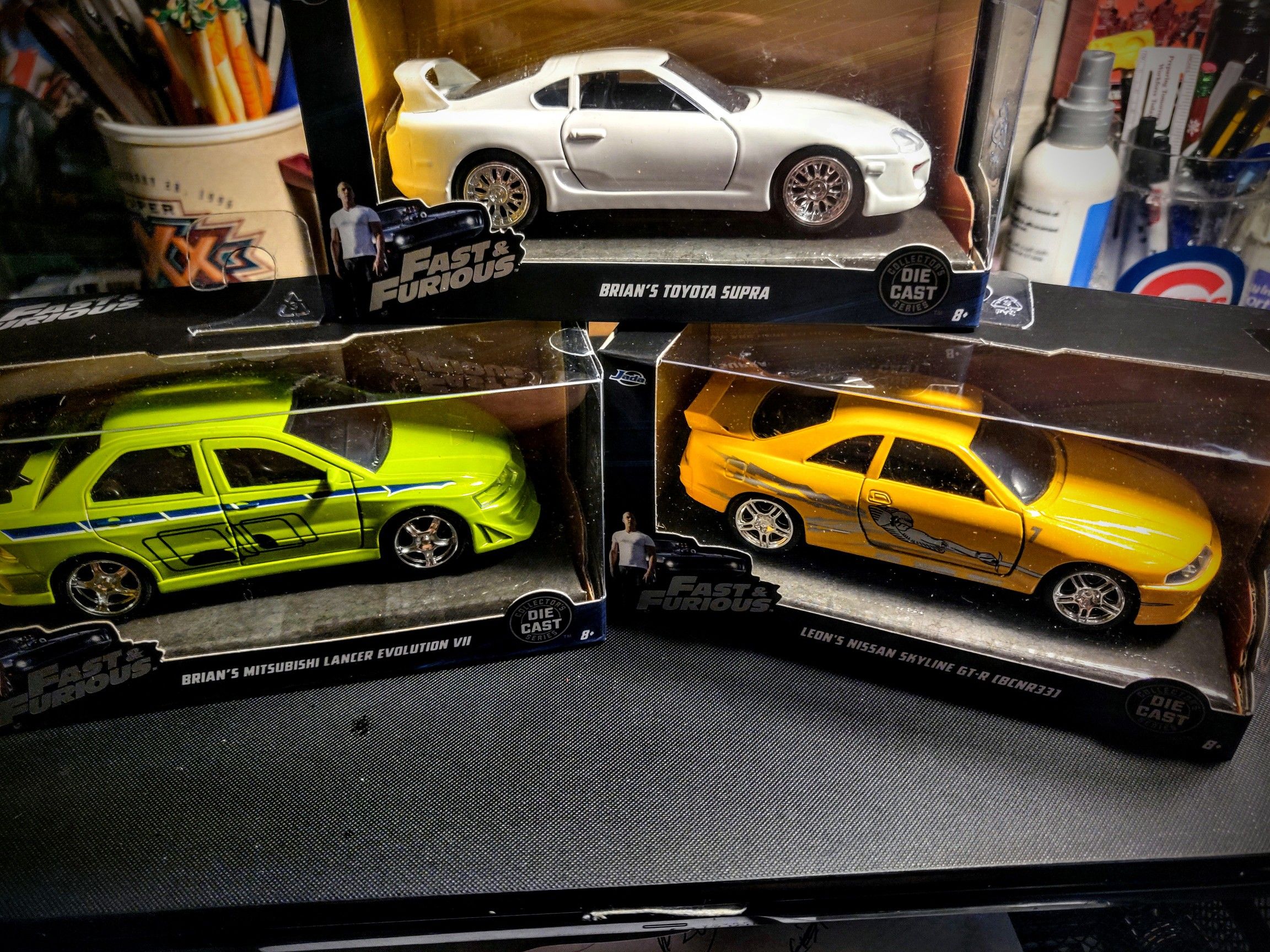 1:24 diecast, Fast & Furious, new (3) Cars, Leon's Skyline & Brian's Supra /Lancer