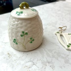 Beleek Small Lidded Jar and Harp Ornament From Ireland