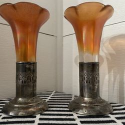 2 Vintage Carnival Glass Vases + Metal Base