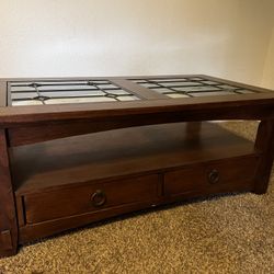 Wood Coffee Table With Glass Top 2 Drawers 