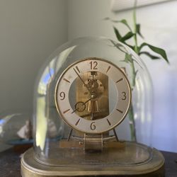 ANTIQUE Kieninger & Obergfell Six 6 Jewel Brass Dome mantle clock, heirloom, unique dad father gift,needs a battery,glass cloche,9”x9”x5”