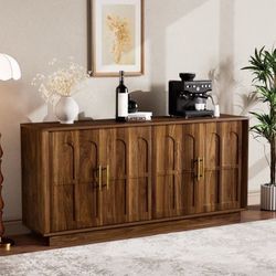 New-66.5'' Wood Buffet Sideboard with 4 Doors in Arched Design, Modern Large Coffee Bar Storage Cabinet with 4 Storage Spaces, Long Sideboard Console 