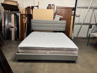 Gray Upholstered Platform Bed Frame with Mattress