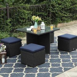 5pcs Outdoor Furniture Rattan Sectional Sofa Set with Storage Box(Top is wooden-as Picture)