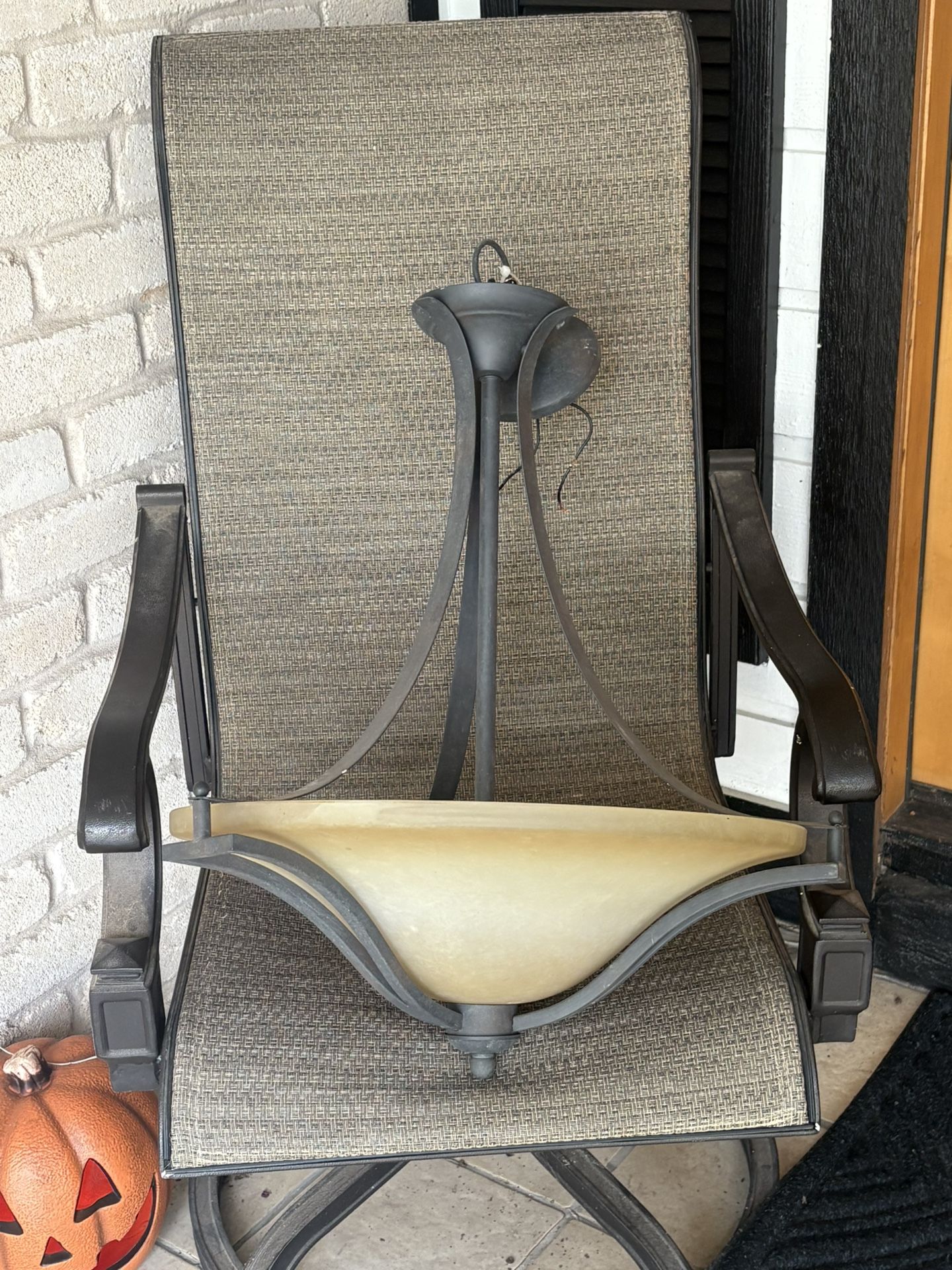 3-Light Rustic Iron Pendant with Antique Ivory Glass Shade