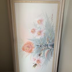 Large Framed Floral Wall Art | Soft Pastel Botanical Print | Neutral Home Decor