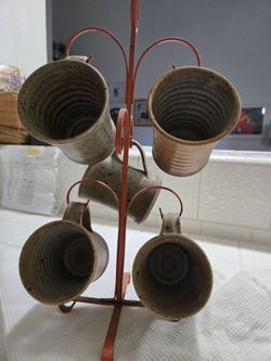 Stoneware Mugs Set with Metal Rack