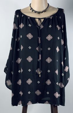 ROZ & ALI Black Chiffon PULLOVER TOP w/Front Tie & Tan Embroidery Trim! Size 2x.