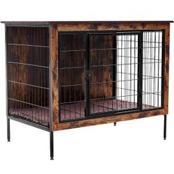  Dog Crate Furniture, Wooden Dog Kennel with Mat, 