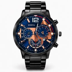 ENEVA Men’s Black Watch – Blue & Rose Gold Dial