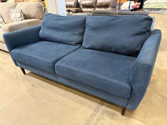 Denim Blue Low Back Wide Seat Sofa with Tapered Dark Wood Legs
