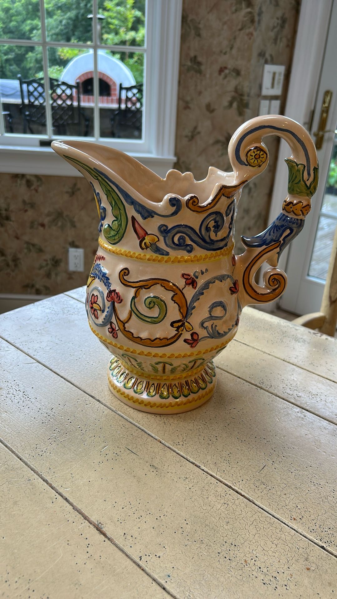 Porcelain Pitcher From Spain. Multi Color Ed11”H X 10”W