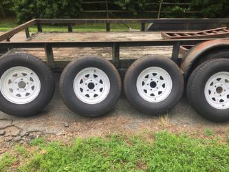 Trailer Tires and Rims. Trailer in photo not for sale.