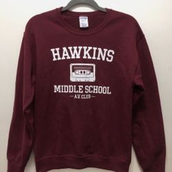 Stranger things sweatshirt Hawkins middle school AV club adult (size: small) Maroon Color