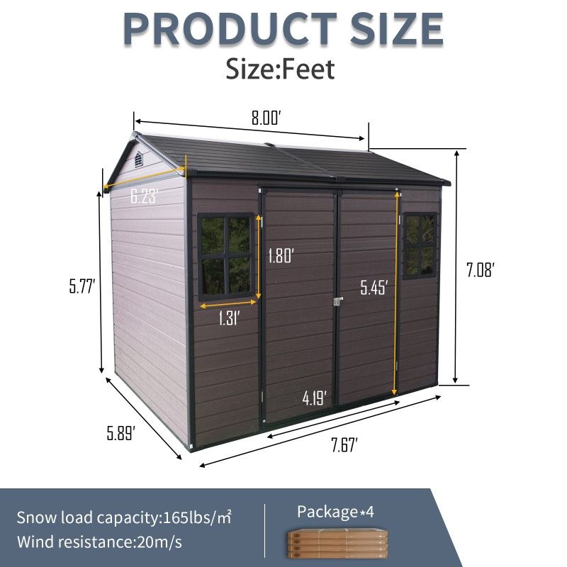 MELLCOM 8x6 FT Outdoor Storage Shed - Resin Garden Shed With Floor, Windows & Lockable Door