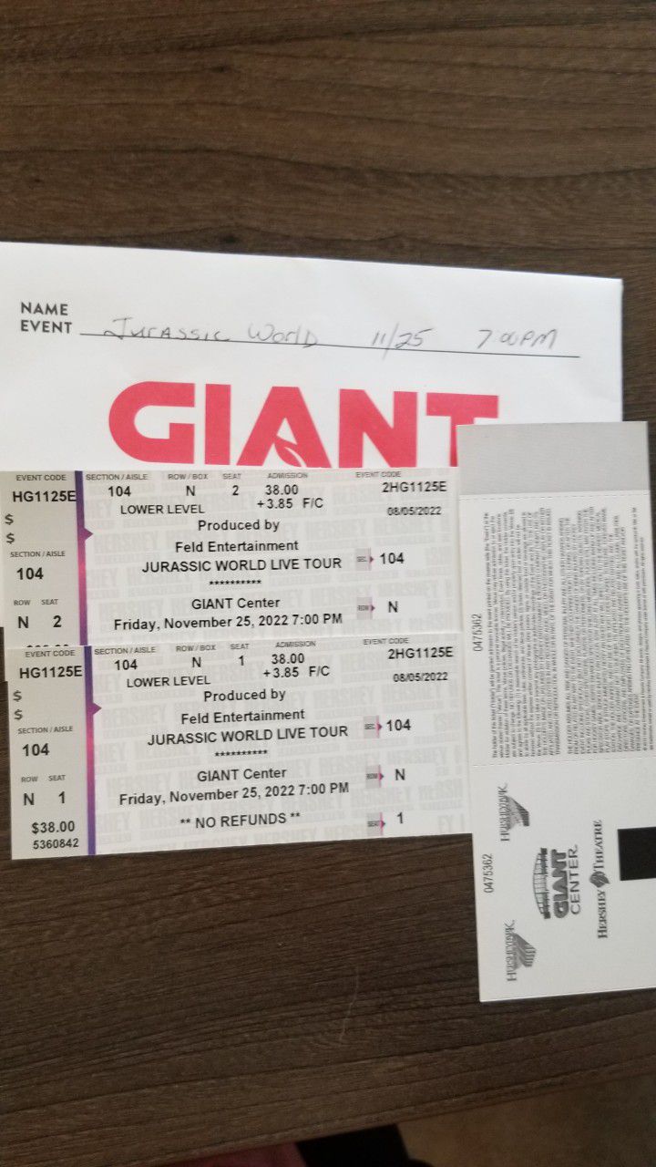 2 Tickets To JURASSIC WORLD Friday 11/25/22 at 7pm
