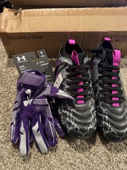 New Never Used Under Armour Football Cleats and Receiver Gloves