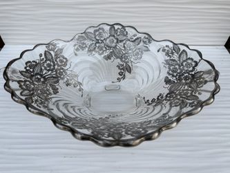Gorgeous Vintage Cambridge Glass Silver Overlay Floral Footed Bowl 12"