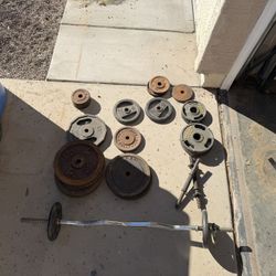 Vintage/Modern Plates, Dumbbell Handles & Curl Bar
