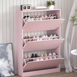 Modern Pink Shoe Storage Cabinet with 3 Flip Drawers – Slim Entryway Shoe Organizer, Hidden Shoe Rack for Hallway, Closet or Living Room (47.24”H x 31