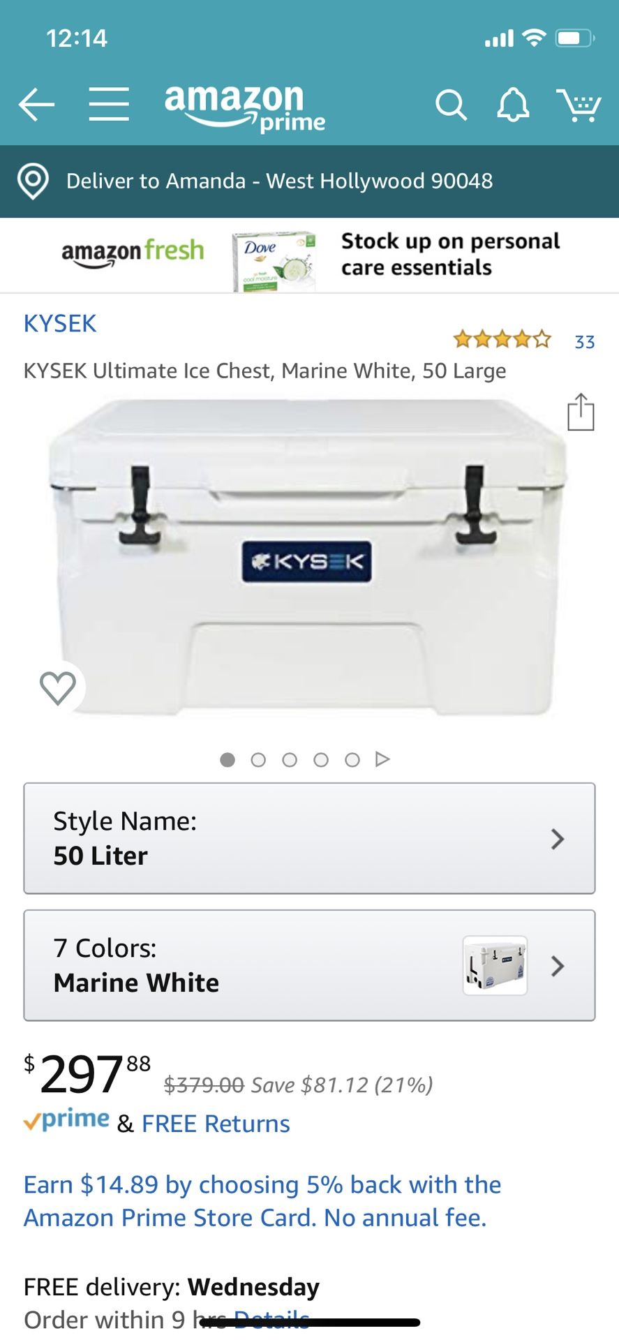 Kysek 50L cooler, marine white $50