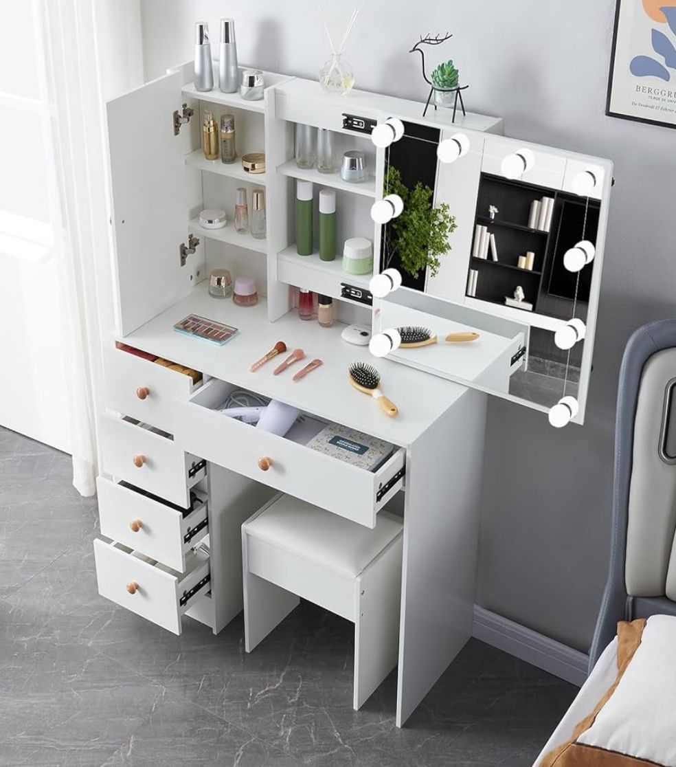 Vanity Desk with Mirror and Hidden Storage, White Makeup Vanity Table with Stool and 5 Storage Drawers for Bedroom