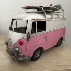 Retro Pink VW Camper Bus Van with Surfboard Diecast Metal Beach Decor