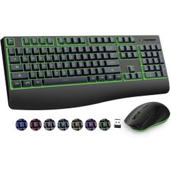 Brand New      Wireless Keyboard and Mouse Combo, 7 Backlit Effects, Light Up Keys, Sleep Mode, Ergonomic Wireless Keyboard with 6 Buttons Cordless Mo