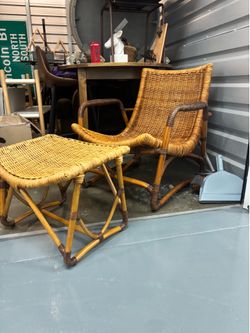 Vintage Rattan Wicker Lounge Chair + Ottoman Set – Boho Bamboo Mid Century