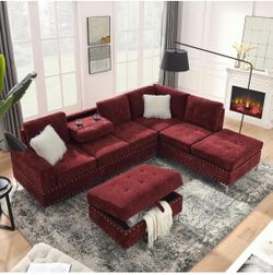 Living Room Furniture Sets, L-Shape Sectional 5-Seater Sofa with Extra Wide Reversible Chaise, Storage Ottoman and Cup Holders and Copper Nails