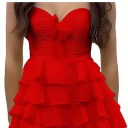 Red Strapless, Bow, Tiered, Chiffon, Short Dress