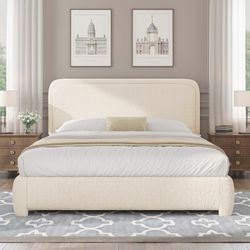 Queen Bed Frame, Cloud Boucle Headboard, Rounded Corners, Cream Soft boucle and rounded edges create a low-profile cloud look. Wooden slat
