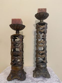 Elegant Vintage Carved Candle Holder Set – Rustic Ornate Decor (Pair)