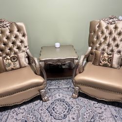 Gold/Bone Finish Antique Style Throne Chairs w/ End Table