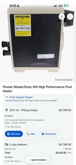 Pentair mastertemp 400 swimming pool and spa heater