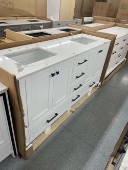 Bathroom vanity cabinet 72” solid mango Quartz top with sinks and backsplash