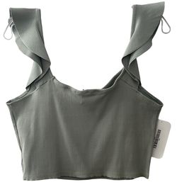 CHARLOTTE AVERY Sage Ribbed Crop Top W/ Flutter Ruffle Straps Women’s Lg NWT