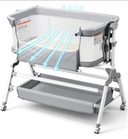 3 in 1 Baby Bassinet Bedside Sleeper, Adjustable Bedside Bassinet for Baby, Womb-Like Rocking Bassinet with Wheels, Breathable Full-Mesh Crib with Com