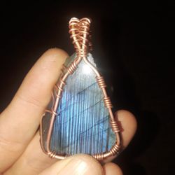 Labradorite wire wrap pendant necklace jewelry copper hand made coils art crystal stone blue flash