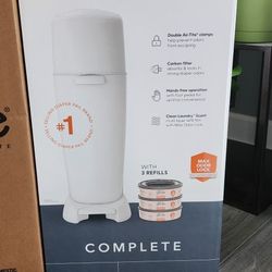 Diaper Genie Complete Diaper Pail (White) with Odor Control | Includes 1 Diaper Trash Can, 3 Refill Bags, 1 Carbon Filter