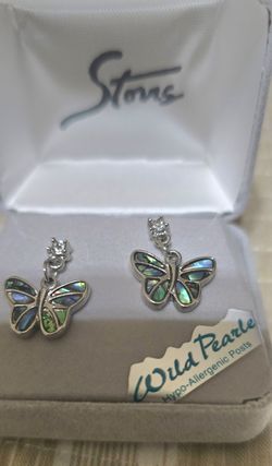 Sterling Butterfly Abalone Drop Earrings - Iridescent Green/Blue